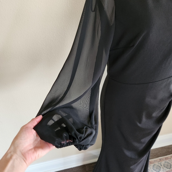 Betsy & Adam Black Donna Long Off the Shoulder Illusion Sleeve Dress Size 10 NWT - Picture 8 of 16